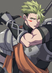 Rule 34 | 1boy, achilles (fate), armor, black shirt, blood, blood on face, brown eyes, eyelashes, fate/apocrypha, fate (series), gauntlets, green hair, grey background, haruakira, highres, holding, holding polearm, holding weapon, injury, looking at viewer, male focus, muscular, muscular male, orange sash, polearm, ribbed shirt, shirt, short hair, simple background, solo, turtleneck, undercut, weapon, wiping blood