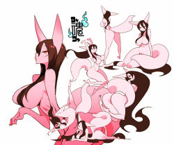 Rule 34 | 6+girls, animal ears, arms up, ass, bad id, bad pixiv id, breasts, brown hair, clone, closed eyes, huge ass, large breasts, long hair, monster girl, multiple girls, nude, open mouth, pink theme, red eyes, same (g shark), simple background, smile, tail, thick thighs, thighs, very long hair, white background, wide hips, yeeeebis