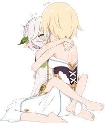 Rule 34 | 2girls, age difference, azbchan1221, blonde hair, blush, braid, closed eyes, dress, feather hair ornament, feathers, from side, genshin impact, gradient hair, green eyes, green hair, hair ornament, heart, highres, kiss, long hair, lumine (genshin impact), multicolored hair, multiple girls, nahida (genshin impact), onee-loli, pointy ears, profile, short hair, short hair with long locks, side ponytail, sidelocks, simple background, upper body, white background, white dress, yuri