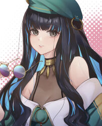 Rule 34 | 1girl, bare shoulders, beret, black hair, blue hair, breasts, colored inner hair, fate/grand order, fate (series), green hat, green jacket, grey eyes, hat, highres, jacket, jewelry, long hair, looking at viewer, multicolored hair, neck ring, o-ring, off shoulder, parted lips, round eyewear, sidelocks, small breasts, solo, sunglasses, tenochtitlan (fate), tenochtitlan (second ascension) (fate), unworn eyewear, ura illust, wavy hair, zipper