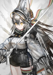 Rule 34 | 1girl, arknights, armor, black hair, black shorts, breasts, closed mouth, fartooth (arknights), feather hair, gauntlets, grey hair, hair between eyes, high-waist shorts, highres, holding, holding weapon, kaneni, long hair, long sleeves, medium breasts, multicolored hair, orange eyes, shorts, simple background, solo, visor (armor), weapon