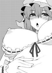 Rule 34 | 1girl, blush, bra, bra pull, breasts, clothes pull, from below, greyscale, hand on own stomach, hat, kupala, large breasts, looking at viewer, looking down, monochrome, navel, nipples, open mouth, plump, saigyouji yuyuko, short hair, solo, touhou, triangular headpiece, underwear, wristband