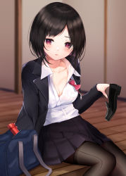 Rule 34 | 1girl, absurdres, bad id, bad pixiv id, bag, black footwear, black hair, black jacket, black pantyhose, black skirt, blue bag, blurry, blurry background, blush, bow, bowtie, box, breasts, cleavage, collarbone, commentary request, feet out of frame, gift, gift box, highres, holding, holding clothes, holding footwear, indoors, jacket, kazanock, looking down, medium breasts, mole, mole under eye, original, pantyhose, parted bangs, parted lips, pleated skirt, purple eyes, red bow, red bowtie, school bag, shirt, short hair, sitting, skirt, solo, thighband pantyhose, unbuttoned, undone bowtie, undone neckwear, valentine, wall, white shirt, wooden floor