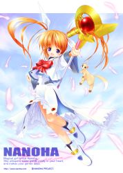 Rule 34 | 1girl, absurdres, blush, boots, bow, character name, copyright name, feathers, ferret, floating, floating hair, highres, huge filesize, jacket, left-handed, looking at viewer, lyrical nanoha, magical girl, mahou shoujo lyrical nanoha, purple eyes, raising heart, red hair, self-upload, shoes, sky, smile, solo, source request, staff, takamachi nanoha, tom (1art.), twintails, uniform, upskirt, watermark, web address, winged footwear, wings, yuuno scrya