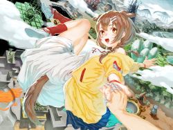 Rule 34 | animal ears, bandaged fingers, bandages, beaver, bone hair ornament, bracelet, braid, brown hair, cleanliness ing, cloud, dinosaur, dog ears, dog girl, dog tail, dress, fang, fantasy, glowing floor, hair ornament, hand grab, highres, holding hands, hololive, inugami korone, inugami korone (1st costume), jacket, jewelry, looking at viewer, maze, outdoors, pov, pyuu to fuku! jaguar, red legwear, shoes, smile, sneakers, solo focus, tail, twin braids, virtual youtuber, white dress, yellow eyes, yellow jacket