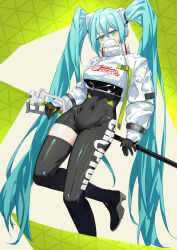 Rule 34 | 1girl, absurdres, aqua hair, asymmetrical bodysuit, black bodysuit, black footwear, black gloves, black thighhighs, bodysuit, boots, commentary, covered mouth, covered navel, cropped jacket, flag, full body, gloves, goodsmile racing, green background, green gloves, hatsune miku, high heels, highres, holding, holding flag, jacket, lilin (pixiv 25958194), long hair, long sleeves, looking at viewer, mask, mouth mask, race queen, racing miku, racing miku (2022), single thigh boot, single thighhigh, solo, thigh boots, thighhighs, triangle background, twintails, two-tone gloves, very long hair, vocaloid, white jacket