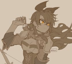 Rule 34 | 1girl, amber (genshin impact), armor, arrow (projectile), bow, breasts, brown hair, cleavage, cleavage cutout, clothing cutout, floating hair, genshin impact, glaring, hair bow, highres, long hair, looking to the side, medium breasts, monochrome, nerinn (artist), pauldrons, sepia, shoulder armor, signature, solo, spot color, yellow eyes