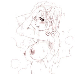 Rule 34 | 1girl, breasts, large breasts, lowres, monochrome, nagi raiun, nami (one piece), nipples, nude, one piece, shoulder tattoo, showering, soap, solo, tattoo