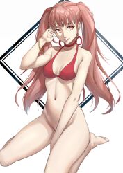 Rule 34 | 1girl, absurdres, alternate costume, armpit crease, barefoot, bikini, bikini top only, bottomless, bracelet, breasts, cleavage, feet, female focus, fire emblem, fire emblem: three houses, highres, hilda valentine goneril, jewelry, kneeling, long hair, matching hair/eyes, medium breasts, navel, nintendo, pink eyes, pink hair, red bikini, seiza, simple background, sitting, smile, solo, swimsuit, teeth, twintails, white background, x xith x