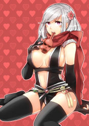 Rule 34 | 1girl, armor, assassin cross (ragnarok online), black cape, black gloves, black leotard, black thighhighs, blush, bottle, breasts, cape, commentary request, elbow gloves, fingerless gloves, flower, foot out of frame, gloves, hair flower, hair ornament, heart, heart background, holding, holding bottle, leotard, looking at viewer, medium breasts, medium hair, navel, negi mugiya, open mouth, pauldrons, pink eyes, pink flower, poison, ragnarok online, red scarf, revealing clothes, scarf, shoulder armor, sitting, solo, thighhighs, waist cape, white hair