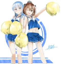 Rule 34 | 2girls, ;d, alternate costume, arm up, bare arms, bare legs, bare shoulders, blue eyes, blue hair, blue skirt, blush, brown eyes, brown hair, cheerleader, frown, hatsukaze (kancolle), headgear, highres, holding, kantai collection, legs apart, long hair, looking at viewer, miniskirt, multiple girls, navel, one eye closed, open mouth, pleated skirt, pom pom (cheerleading), round teeth, shinonome yuu, sidelocks, signature, skirt, sleeveless, smile, stomach, sweat, teeth, two-tone background, v-shaped eyebrows, wavy mouth, yukikaze (kancolle)