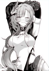 Rule 34 | 1girl, ;), absurdres, armpits, arms behind head, arms up, blush, breasts, cleavage, closed mouth, commentary request, elysia (honkai impact), elysia (miss pink elf) (honkai impact), greyscale, hair ornament, highres, honkai (series), honkai impact 3rd, long hair, looking at viewer, medium breasts, monochrome, one eye closed, seha, sidelocks, simple background, smile, solo, very long hair, white background