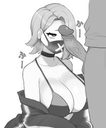 Rule 34 | 1boy, 1girl, bikini, bikini top only, blue archive, breasts, choker, cleavage, collarbone, earrings, erection, greyscale, heart, heart-shaped pupils, hetero, highres, huge breasts, jewelry, looking at penis, mask, monochrome, mouth mask, nago purin, off shoulder, penis, seaside sukeban (mg) (blue archive), short hair, simple background, solo focus, stud earrings, swimsuit, symbol-shaped pupils, uncensored, white background