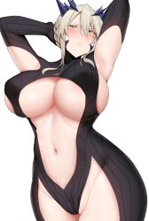 Rule 34 | 1girl, arind yudha, armpits, arms up, artoria pendragon (fate), artoria pendragon (lancer alter) (fate), black bodysuit, blonde hair, blush, bodysuit, braid, breasts, center opening, fate/grand order, fate (series), french braid, hair between eyes, highres, horns, large breasts, long hair, looking at viewer, navel, revealing clothes, ribbed bodysuit, sideboob, sidelocks, solo, thighs, underboob, yellow eyes