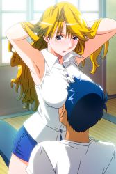 Rule 34 | 1boy, 1girl, adjusting hair, armpits, arms behind head, arms up, between breasts, blonde hair, blouse, blue eyes, blush, breast smother, breasts, christine garland, collared shirt, face to breasts, head between breasts, indoors, large breasts, long hair, mature female, non-web source, official art, open mouth, shirt, sleeveless, sleeveless shirt, solo, super real mahjong, tanaka ryou, white shirt