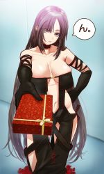 Rule 34 | 1girl, absurdres, arm strap, bare shoulders, black dress, black gloves, blush, box, breasts, brown eyes, brown hair, center opening, choker, cleavage, collarbone, dress, earrings, elbow gloves, fate/grand order, fate (series), gift, gift box, gloves, highres, jewelry, large breasts, long hair, multiple earrings, navel, ribbon-trimmed dress, shibao aoyama, solo, speech bubble, thighs, tsundere, very long hair, yu mei-ren (fate)