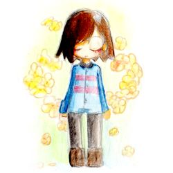 1other, arms at sides, asymmetrical bangs, bangs, black legwear, blue jumpsuit, blush, bob cut, boots, brown footwear, brown hair, buttons, closed mouth, collar, colored pencil (medium), eyes closed, flower, frisk (undertale), highres, leggings, short hair, short jumpsuit, simple background, solo, straight-on, swept bangs, traditional media, undertale, uno usaya, white background, yellow flower