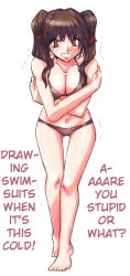 Rule 34 | 00s, 1girl, barefoot, bikini, breast hold, breasts, brown eyes, brown hair, cleavage, cold, fate/stay night, fate (series), feet, hard-translated, large breasts, leaning forward, legs, long image, mizuryu kei, solo, swimsuit, tall image, third-party edit, tohsaka rin, translated, trembling, tsundere