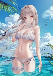 Rule 34 | 1girl, bare arms, bare shoulders, bikini, blue sky, breasts, bridal garter, cloud, commentary, day, floating hair, halterneck, hand up, highres, light brown hair, long hair, looking at viewer, medium breasts, mole, mole on breast, mole under eye, navel, original, outdoors, palm leaf, red eyes, rine (rine on), side-tie bikini bottom, sky, solo, stomach, swimsuit, very long hair, wading, water, wet, white bikini