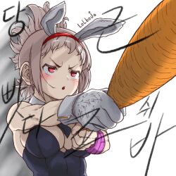 Rule 34 | 1girl, :o, animal ears, bare shoulders, battle bunny riven, black leotard, black necktie, breasts, carrot, cleavage, detached collar, fake animal ears, gloves, grey gloves, grey hair, holding, holding carrot, large breasts, league of legends, leotard, lolboja, necktie, ponytail, rabbit ears, red eyes, riven (league of legends), short necktie, solo, translation request, upper body, v-shaped eyebrows, white background