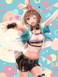Rule 34 | 1girl, alternate hairstyle, artist name, bad id, bad pixiv id, belt, breasts, brown hair, cowboy shot, fingerless gloves, gloves, hairband, headphones, headphones around neck, highres, jacket, kizuna ai, kizuna ai (a.i. games), kizuna ai inc., looking at viewer, medium breasts, midriff, multicolored hair, navel, official alternate costume, one eye closed, open mouth, outstretched arms, pink hair, short hair, short shorts, short sleeves, shorts, signature, siren (artist), smile, solo, strapless, tube top, virtual youtuber