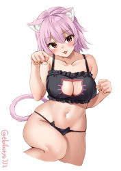 Rule 34 | animal ear fluff, animal ears, black bra, black panties, bra, breasts, cat cutout, cat ear panties, cat ears, cat lingerie, cat tail, cleavage, cleavage cutout, clothing cutout, collarbone, cowboy shot, cropped legs, ebifurya, fang, frilled bra, frills, hair between eyes, highres, kantai collection, kemonomimi mode, looking at viewer, medium breasts, meme attire, navel, open mouth, panties, paw pose, pink hair, red eyes, short hair, simple background, solo, tail, tama (kancolle), twitter username, underwear, white background