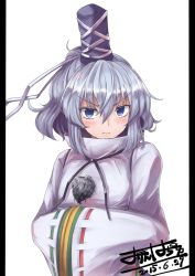 Rule 34 | 1girl, 3:, 3:&lt;, blue eyes, blush, frown, grey hair, hands in opposite sleeves, hat, highres, japanese clothes, kariginu, letterboxed, looking at viewer, mononobe no futo, orinpachu, ponytail, short hair, solo, tate eboshi, touhou, v-shaped eyebrows