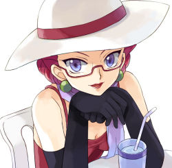 Rule 34 | 1girl, alternate costume, alternate hairstyle, bad id, bad pixiv id, bespectacled, black gloves, blue eyes, breasts, cleavage, creatures (company), cup, drink, drinking straw, earrings, elbow gloves, game freak, glasses, gloves, hat, head rest, jessie (pokemon), jewelry, lipstick, makeup, nintendo, pokemon, pokemon (anime), purple eyes, red hair, scarf, semi-rimless eyewear, simple background, sitting, smile, solo, usao (313131), white background