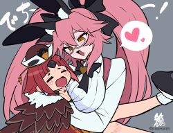 Rule 34 | 2girls, animal ear fluff, animal ears, benienma (fate), bird hat, black bow, blush, bow, breasts, brown headwear, closed eyes, collared shirt, crying, dress shirt, fate/grand order, fate (series), feather trim, fox tail, glasses, hacco mayu, hair between eyes, hair bow, heart, highres, japanese clothes, kimono, koyanskaya (assassin) (second ascension) (fate), koyanskaya (fate), large breasts, long hair, long sleeves, multiple girls, open mouth, parted bangs, pink hair, platform footwear, rabbit ears, red hair, red kimono, shirt, sidelocks, small breasts, smile, spoken heart, tail, tamamo (fate), twintails, white shirt, wide sleeves, yellow eyes