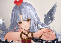 Rule 34 | 1girl, bracelet, brown eyes, caren hortensia, caren hortensia (amor caren), caren hortensia (amor caren) (first ascension), chain, fate/grand order, fate (series), feathered wings, fingernails, gift, grey hair, twirling hair, heart, jewelry, kdm (ke dama), long hair, playing with own hair, smile, wings