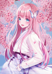 Rule 34 | 1girl, :d, absurdres, bad id, bad pixiv id, blue eyes, blurry, blurry background, blush, bow, braid, butterfly hair ornament, cherry blossoms, crown braid, eumi 114, floating hair, flower, from side, hair ornament, highres, long hair, long skirt, long sleeves, looking at viewer, open mouth, original, pink flower, pink hair, skirt, smile, solo, standing, very long hair, white bow, white skirt