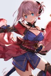 Rule 34 | 1girl, 2017, aka tonbo (lovetow), black thighhighs, blue eyes, breasts, cleavage, cowboy shot, dated, detached sleeves, earrings, fate/grand order, fate (series), hair ornament, halterneck, highres, japanese clothes, jewelry, katana, kimono, looking at viewer, medium breasts, miyamoto musashi (fate), miyamoto musashi (second ascension) (fate), obi, purple hair, sash, sheath, short hair, short kimono, simple background, smile, solo, sword, thighhighs, weapon