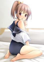 Rule 34 | 1girl, ass, bare legs, barefoot, bed sheet, black sailor collar, blue one-piece swimsuit, blurry, blurry background, blush, brown hair, commentary request, depth of field, full body, hair ribbon, hand up, high ponytail, highres, looking at viewer, looking back, off shoulder, one-piece swimsuit, open mouth, original, ponytail, red eyes, ribbon, sailor collar, school swimsuit, school uniform, serafuku, shibacha, shirt, short sleeves, sitting, soles, solo, swimsuit, swimsuit under clothes, wariza, white shirt, yellow ribbon