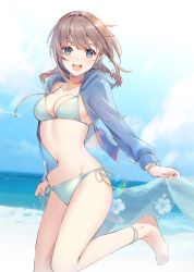 Rule 34 | 1girl, :d, anklet, arms at sides, bad id, bad twitter id, bare legs, barefoot, beach, beach towel, bikini, blue bikini, blue jacket, blue sky, bracelet, braid, breasts, brown hair, cloud, collarbone, comiket 97, day, drawstring, floral print, from side, green eyes, groin, hair intakes, hair ornament, holding, hood, hood down, hooded jacket, horizon, jacket, jewelry, leg lift, long hair, long sleeves, looking at viewer, low twintails, lowleg, lowleg bikini, medium breasts, navel, ocean, open clothes, open jacket, open mouth, original, outdoors, round teeth, running, sand, side-tie bikini bottom, sky, smile, solo, stomach, swimsuit, teeth, thighs, towel, twin braids, twintails, upper teeth only, water, weee (raemz)