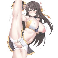 Rule 34 | 1girl, bad anatomy, bad id, bad pixiv id, bouncing breasts, bow, breasts, brown hair, cheerleader, cleft of venus, counter:side, hair bow, karin wong, large breasts, leg up, long hair, nipples, omgwtfyawp, pom pom (cheerleading), pussy, skirt, solo, standing, standing on one leg, sweat, sweatdrop, torn clothes, wardrobe malfunction, white background