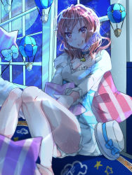 Rule 34 | 1girl, air balloon, aqua skirt, artist name, artist request, bare legs, blush, breasts, cleavage, cloud print, collarbone, curtains, dress, feather hair ornament, female focus, hair between eyes, hair ornament, hairclip, happy, hat, highres, holding, holding pillow, jewelry, looking at viewer, love live!, love live! school idol festival, love live! school idol project, necklace, night, night sky, nishikino maki, parted lips, pendant, pillow, puffy short sleeves, puffy sleeves, purple eyes, red hair, short hair, short sleeves, sitting, skirt, sky, small breasts, smile, solo, standing, takenokodomo, white skirt, window