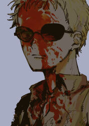Rule 34 | 1boy, a-p-orange0703, blonde hair, blood, blood on clothes, blood on eyewear, blood on face, blood splatter, collared shirt, donquixote doflamingo, expressionless, grey background, limited palette, looking down, male focus, nape, nose, one piece, parted lips, partially unbuttoned, portrait, shirt, short hair, simple background, solo, sunglasses, torn clothes, torn shirt, very short hair, white background