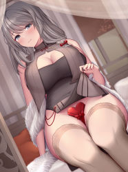 Rule 34 | 1girl, azur lane, bare arms, bare shoulders, blush, box, box of chocolates, breasts, brown thighhighs, charybdis (azur lane), charybdis (red chamber of healing) (azur lane), cleavage, closed mouth, commentary request, covered navel, grey eyes, grey hair, heart, heart-shaped pupils, highres, large breasts, long hair, looking at viewer, melopun, no panties, official alternate costume, sitting, sleeveless, smile, solo, symbol-shaped pupils, thighhighs, thighs, valentine