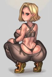 Rule 34 | 1girl, absurdres, android 18, ass, back, black panties, black sports bra, blonde hair, blue eyes, bob cut, breasts, butt crack, curvy, dragon ball, dragonball z, grey background, highres, kelvin hiu, legs, looking at viewer, medium hair, panties, panty pull, parted lips, simple background, solo, sports bra, squatting, standing, thighs, underwear, whale tail (clothing)