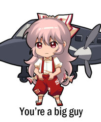 Rule 34 | 1girl, 4chan, aircraft, airplane, baneposting, batman (series), bow, chibi, chinese commentary, commentary request, dc comics, english text, fujiwara no mokou, full body, hair between eyes, hair bow, jokanhiyou, long hair, looking at viewer, meme, ofuda, pants, pink eyes, pink hair, puffy short sleeves, puffy sleeves, red footwear, red pants, shirt, shoes, short sleeves, sidelocks, simple background, solo, standing, suspenders, the dark knight rises, touhou, very long hair, white background, white bow, white shirt