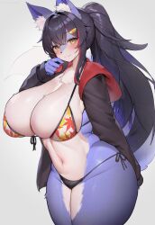 Rule 34 | 1girl, absurdres, animal ears, bikini, black hair, blush, breasts, curvy, eyebrows hidden by hair, eyelashes, furrification, furry, hair ornament, hairpin, highres, hololive, hololive gamers, huge breasts, jacket, kyuuri, long hair, looking at viewer, looking to the side, multicolored hair, ookami mio, open clothes, open jacket, ponytail, smile, standing, streaked hair, swimsuit, tail, thick thighs, thighs, thong bikini, virtual youtuber, white background, wide hips, wolf ears, wolf tail, yellow eyes