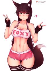 Rule 34 | 1girl, animal ears, black thighhighs, bluefield, blush, breasts, brown gloves, brown hair, cameltoe, cleavage, double v, fingerless gloves, fox ears, fox tail, gloves, green eyes, heart, highres, long hair, looking at viewer, medium breasts, midriff, navel, original, shorts, smile, solo, tail, thighhighs, v