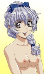 Rule 34 | 1girl, bow, braid, breasts, female focus, full metal panic!, grey hair, nipples, nude, nude filter, smile, solo, teletha testarossa, third-party edit