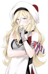 Rule 34 | 1girl, armband, bad id, bad twitter id, bare shoulders, beret, blonde hair, blue eyes, dress, gloves, grey gloves, hat, kantai collection, long hair, mole, mole under eye, morinaga miki, pom pom (clothes), richelieu (kancolle), simple background, solo, strapless, strapless dress, white background, white dress, white hat