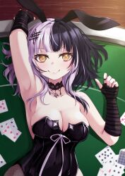 Rule 34 | 1girl, animal ears, black choker, black gloves, black hair, black leotard, black nails, breasts, card, choker, cleavage, elbow gloves, fake animal ears, gloves, highres, hololive, hololive english, kuro (be ok), lace-trimmed choker, lace trim, leotard, looking at viewer, lying, medium breasts, medium hair, multicolored hair, nail polish, on back, on table, playboy bunny, playing card, poker table, rabbit ears, shiori novella, smile, solo, split-color hair, striped clothes, striped gloves, table, virtual youtuber, white hair, yellow eyes