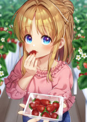 Rule 34 | 1girl, alternate costume, blonde hair, blue eyes, blurry, blurry background, casual, closed mouth, commentary request, daisy, day, eating, flower, food, fruit, hair intakes, highres, incoming food, long hair, looking at viewer, moriya suwako, nora wanko, outdoors, parted bangs, plant, solo, strawberry, touhou, upper body, white flower