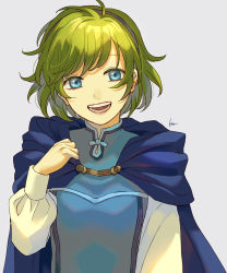 Rule 34 | 1girl, :d, akke, blue cape, blue eyes, blue hairband, cape, fire emblem, fire emblem: the blazing blade, green hair, grey background, hairband, long sleeves, looking at viewer, nino (fire emblem), nintendo, open mouth, short hair, simple background, smile, solo, upper body