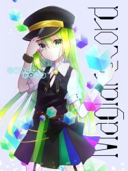 Rule 34 | 1girl, alina gray, black bow, black hat, black vest, blonde hair, bow, chain, character name, collar, cube, detached collar, fur cuffs, green eyes, green hair, hat, looking at viewer, magia record: mahou shoujo madoka magica gaiden, magical girl, mahou shoujo madoka magica, multicolored clothes, multicolored skirt, peaked cap, pleated skirt, puffy short sleeves, puffy sleeves, rei (schwarz400r), see-through, see-through sleeves, short sleeves, skirt, solo, standing, striped clothes, striped skirt, v-neck, vertical-striped clothes, vertical-striped skirt, vest, waist bow, white collar, white sleeves
