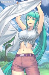 Rule 34 | 1girl, armpits, arms up, asymmetrical pants, belt, breasts, casual, clothesline, cloud, cloudy sky, collarbone, contemporary, day, female focus, gofelem, green eyes, green hair, hairband, large breasts, long hair, matching hair/eyes, midriff, narrow waist, navel, nintendo, outdoors, patreon username, pneuma (xenoblade), ponytail, purple belt, shirt, sky, solo, spoilers, standing, swept bangs, tied shirt, tree, twitter username, very long hair, watermark, web address, white shirt, xenoblade chronicles (series), xenoblade chronicles 2