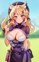 Rule 34 | 1girl, ahoge, animal ear fluff, animal ears, arm behind back, belt pouch, black ribbon, blonde hair, blurry, blurry background, breasts, closed mouth, commentary, cowboy shot, day, dress, facial mark, flower, foxyreine, gloves, hair ornament, hair ribbon, hairclip, half gloves, hand up, hat, highres, large breasts, looking at viewer, low twintails, outdoors, pouch, purple dress, ribbon, see-through, see-through sleeves, shiny skin, short sleeves, shyrei faolan, skindentation, solo, tail, tail ornament, tail ribbon, test tube, twintails, virtual youtuber, vyugen, whisker markings